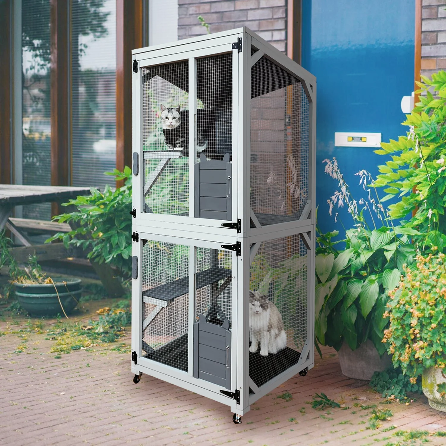 30.7' Wooden Catio Outdoor Cat Enclosure, Luxury Cat House on Wheels with Napping House, 4 Platforms & Weatherproof Asphalt Roof, Large Kitty Cat Condo Cage Shelter Playpen with Sliding Doors - Image 2