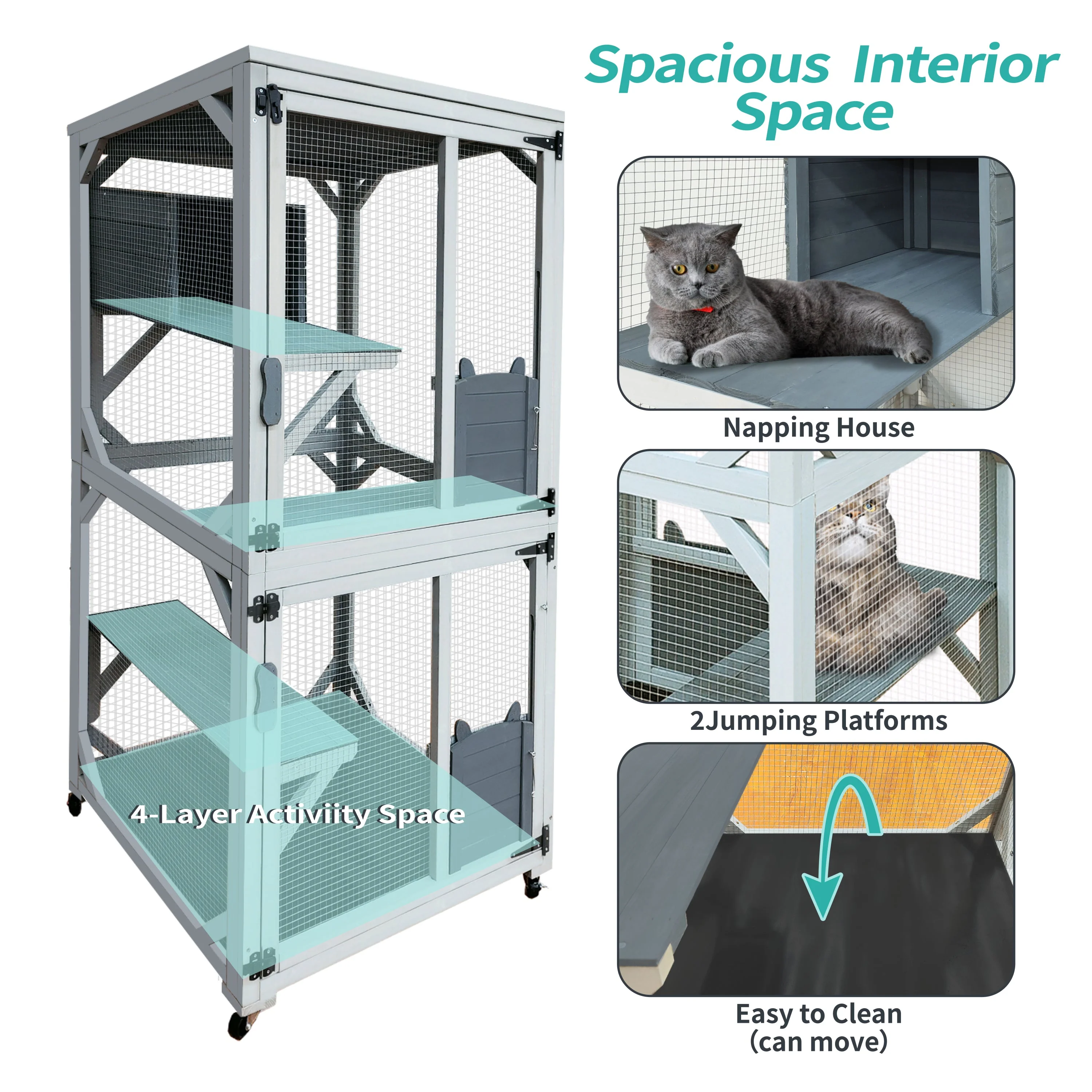 30.7' Wooden Catio Outdoor Cat Enclosure, Luxury Cat House on Wheels with Napping House, 4 Platforms & Weatherproof Asphalt Roof, Large Kitty Cat Condo Cage Shelter Playpen with Sliding Doors - Image 3