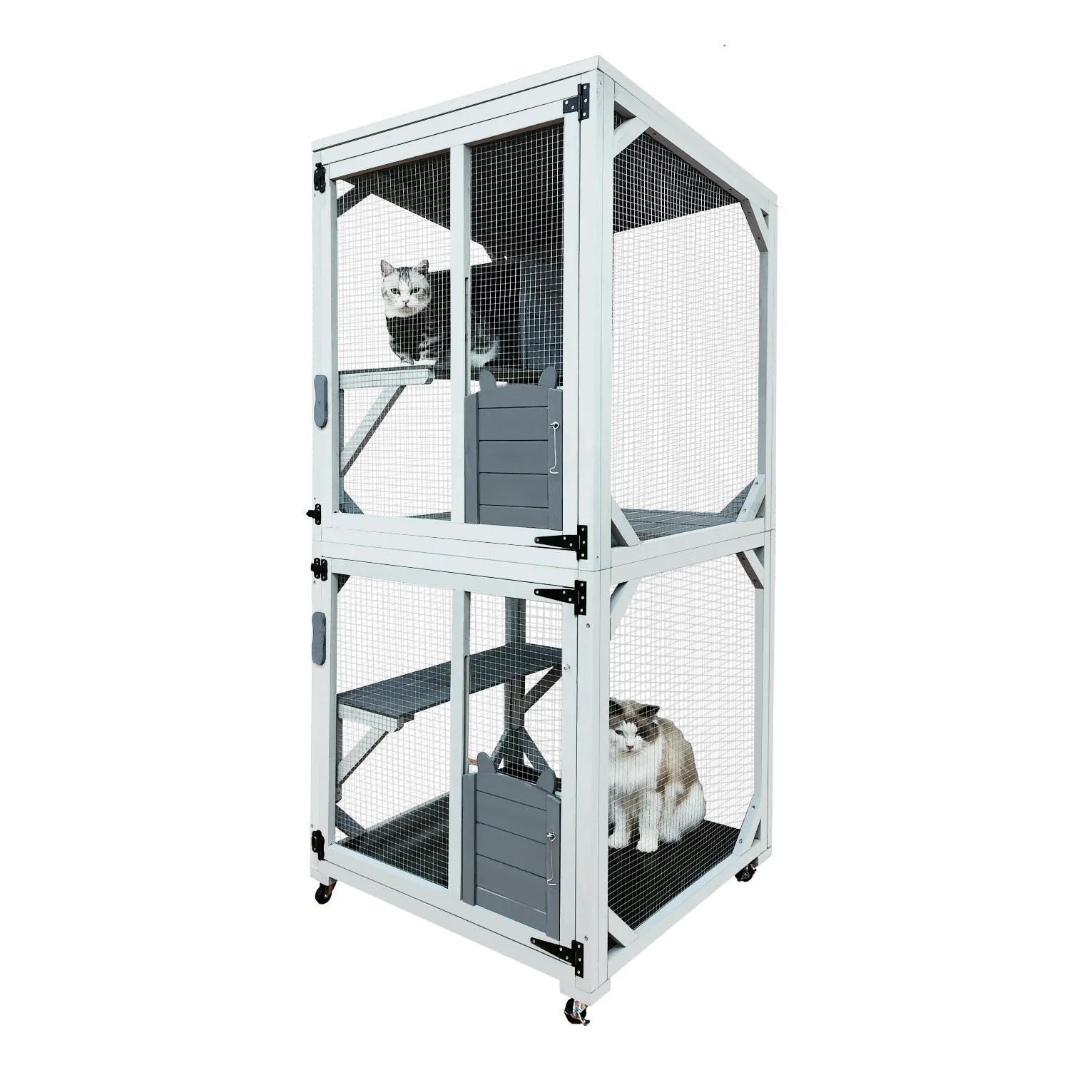 30.7' Wooden Catio Outdoor Cat Enclosure, Luxury Cat House on Wheels with Napping House, 4 Platforms & Weatherproof Asphalt Roof, Large Kitty Cat Condo Cage Shelter Playpen with Sliding Doors - Image 5