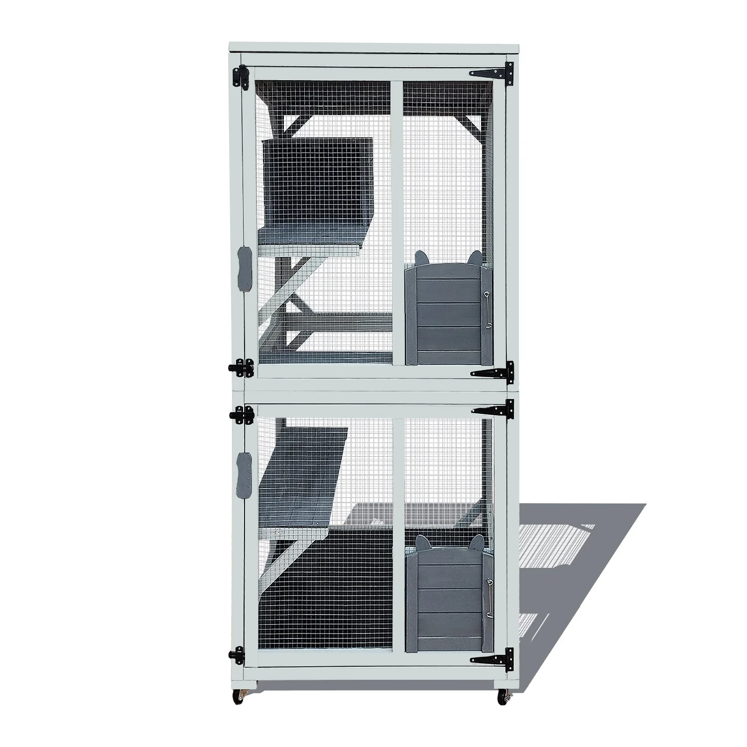 30.7' Wooden Catio Outdoor Cat Enclosure, Luxury Cat House on Wheels with Napping House, 4 Platforms & Weatherproof Asphalt Roof, Large Kitty Cat Condo Cage Shelter Playpen with Sliding Doors - Image 6
