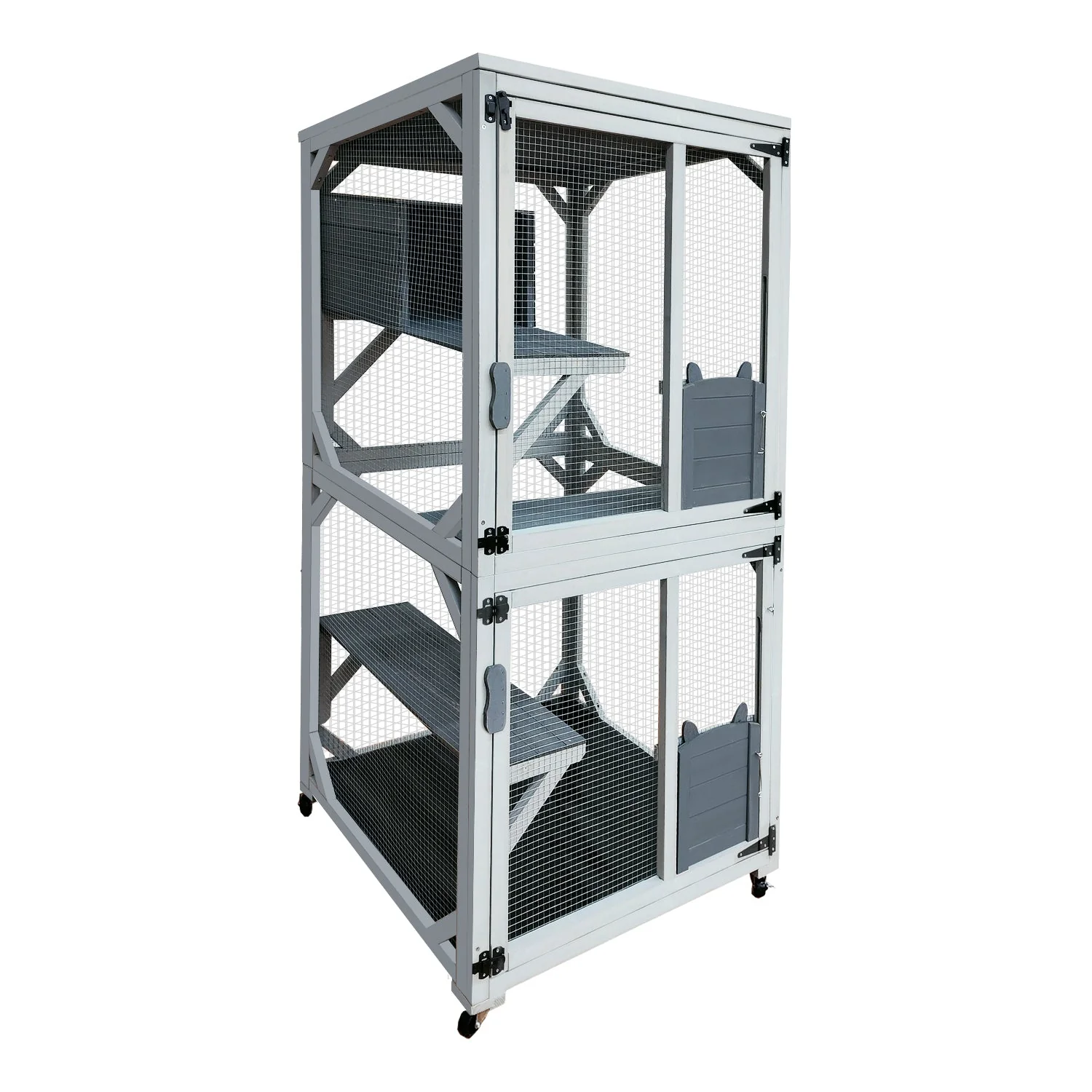 30.7' Wooden Catio Outdoor Cat Enclosure, Luxury Cat House on Wheels with Napping House, 4 Platforms & Weatherproof Asphalt Roof, Large Kitty Cat Condo Cage Shelter Playpen with Sliding Doors - Image 7