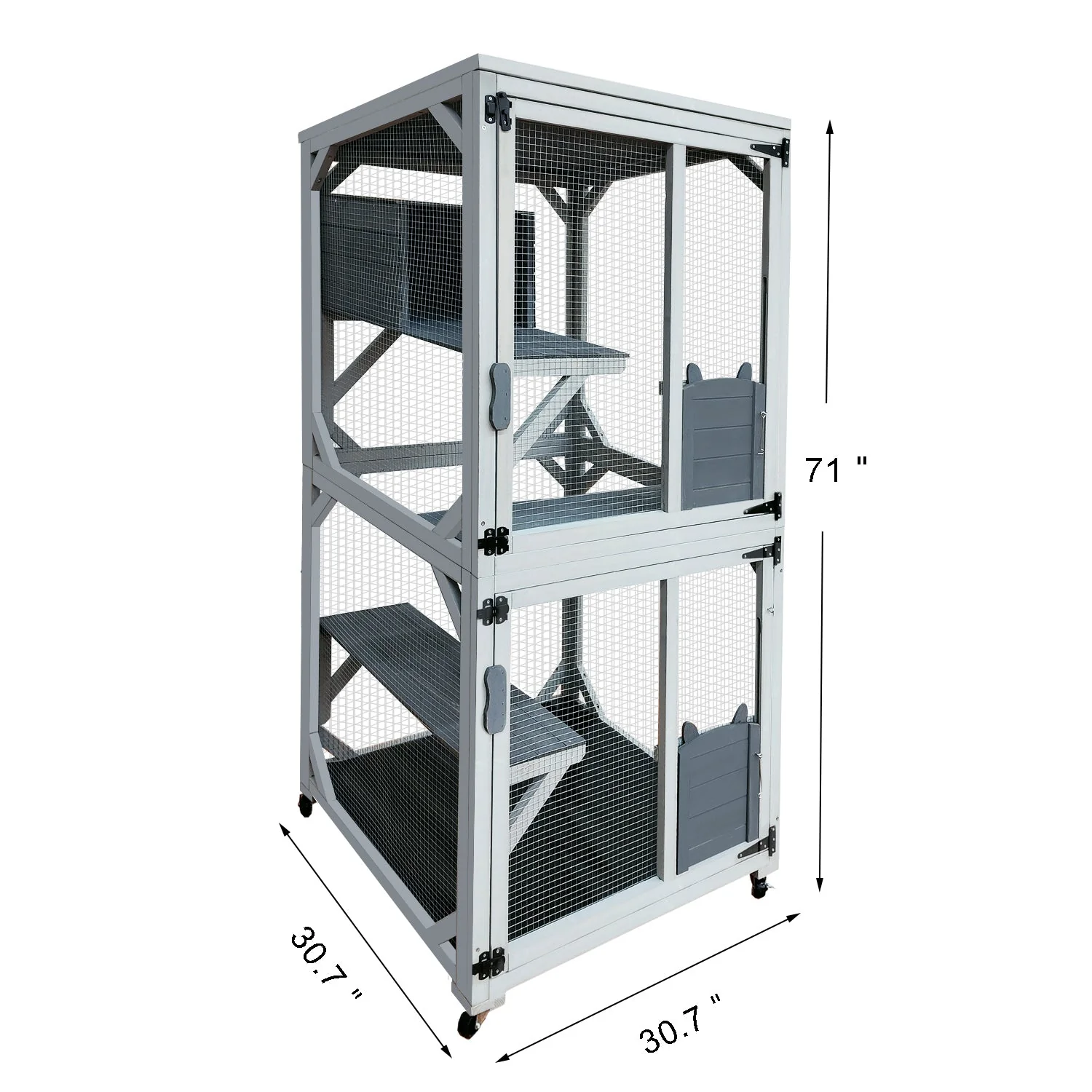 30.7' Wooden Catio Outdoor Cat Enclosure, Luxury Cat House on Wheels with Napping House, 4 Platforms & Weatherproof Asphalt Roof, Large Kitty Cat Condo Cage Shelter Playpen with Sliding Doors - Image 9