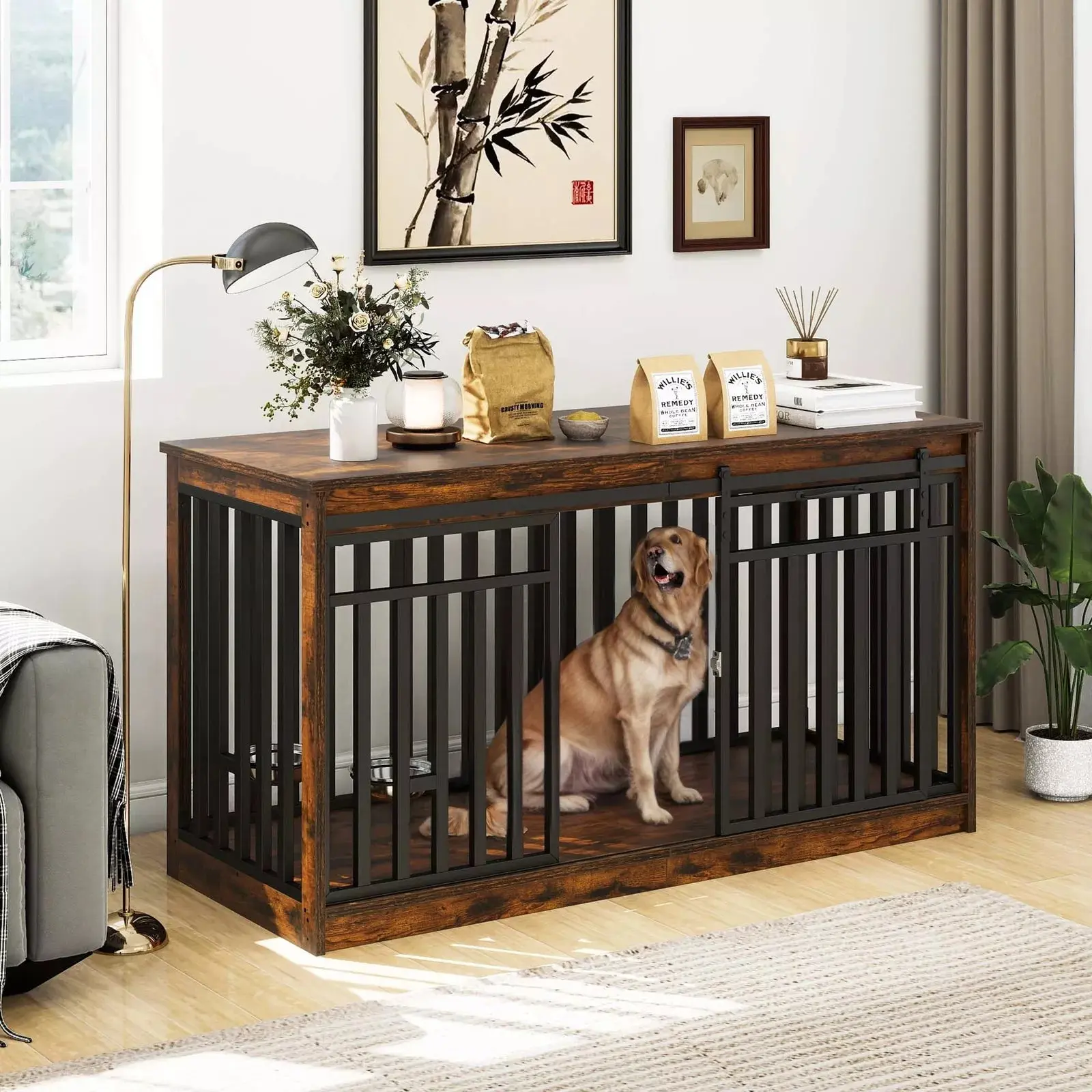 55.1" Drew Extra Large Dog Crates Furniture With Bowl
