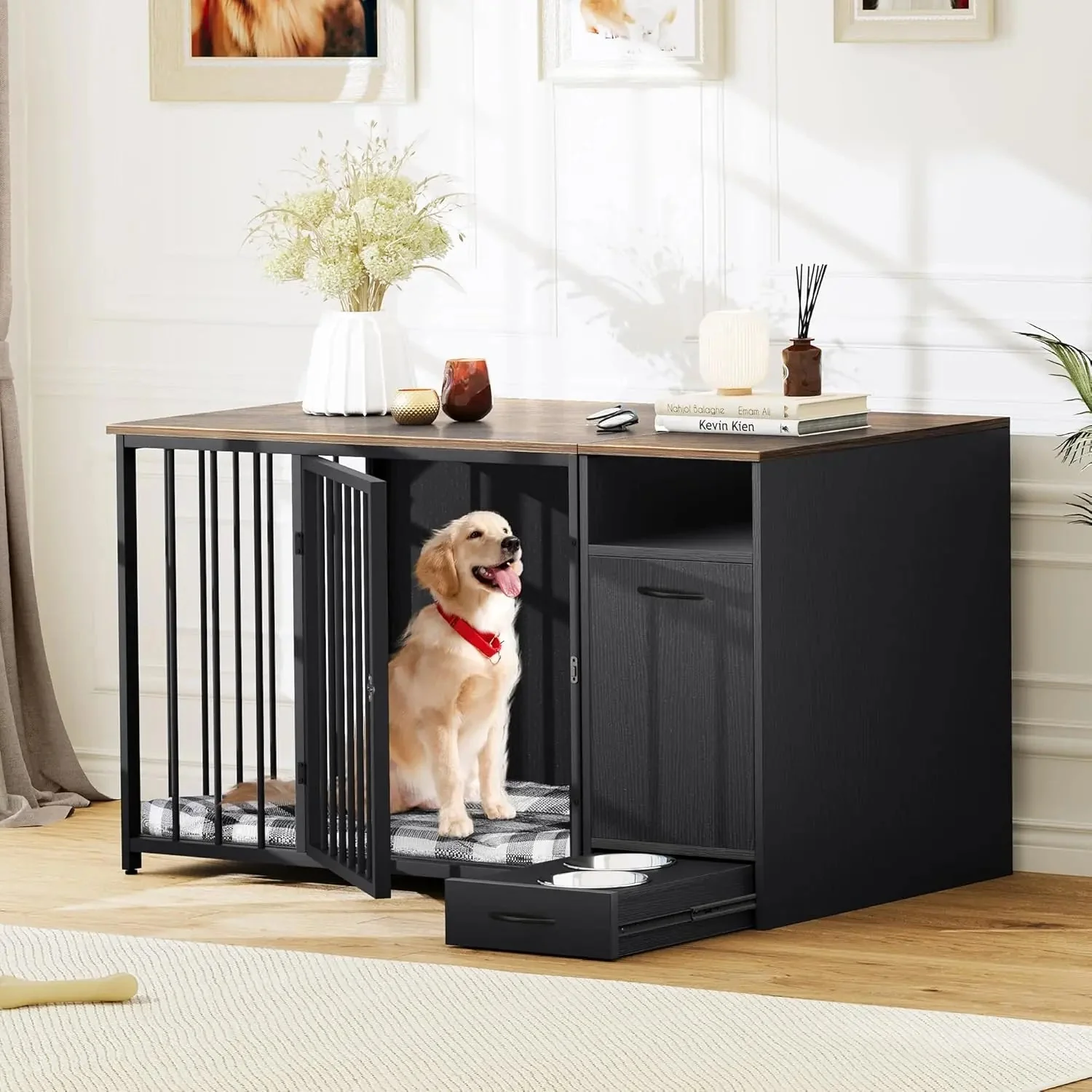 55" Keller Large Dog Crates Furniture With Bowl