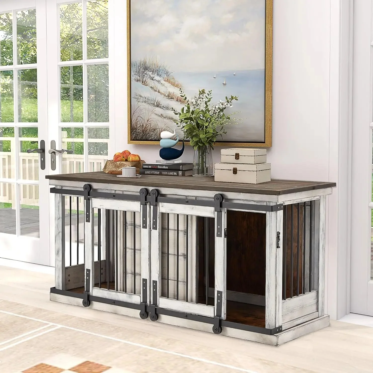 62.5" Wood Double Dog Crate Furniture For 2 Dogs