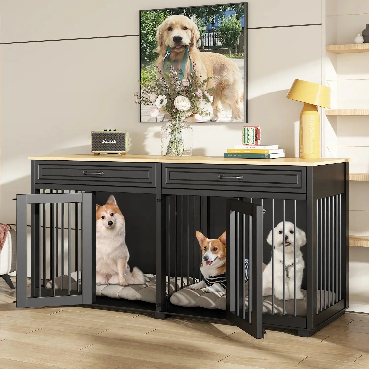 64.6" Blake Double Dog Crate Furniture For 2 Dogs