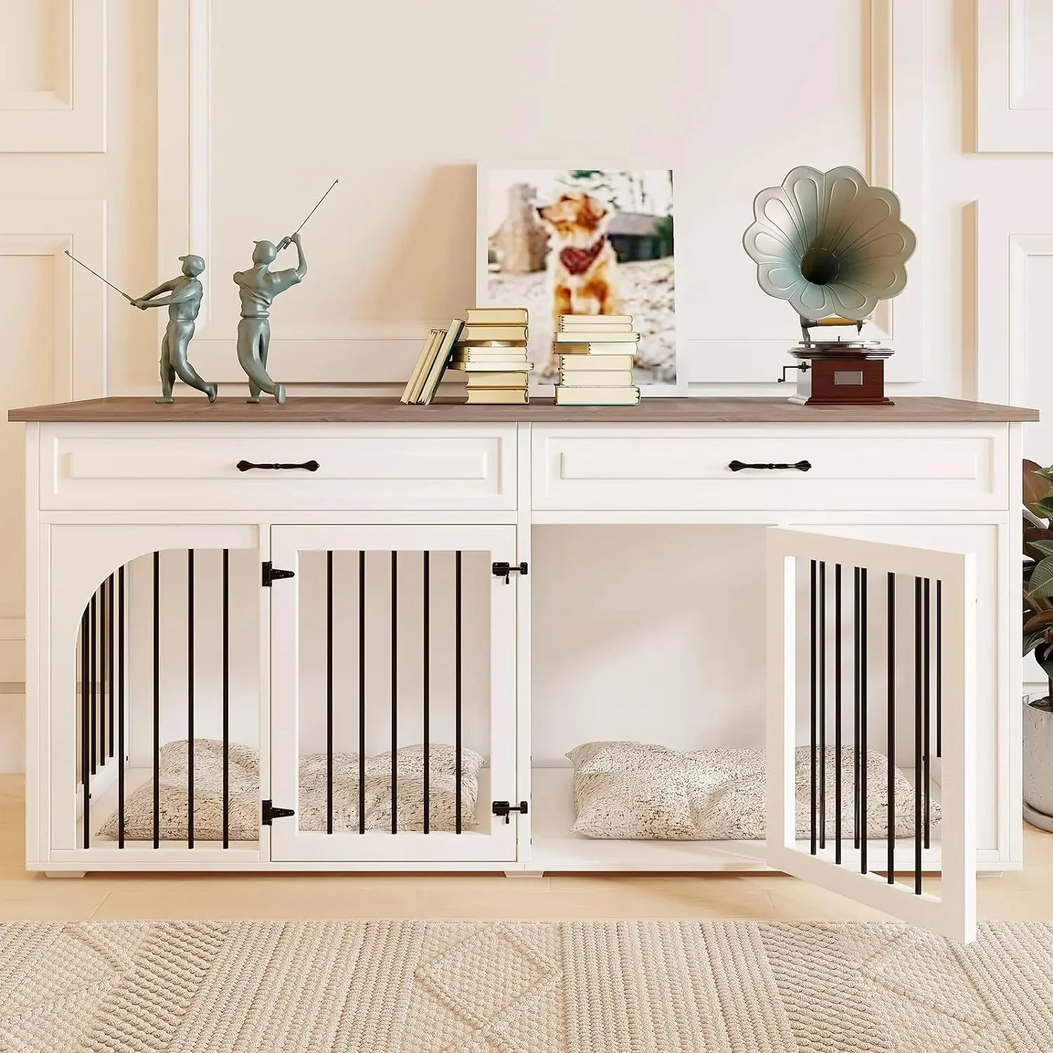 74.8" Norris Double Dog Crate Furniture For 2 Dogs