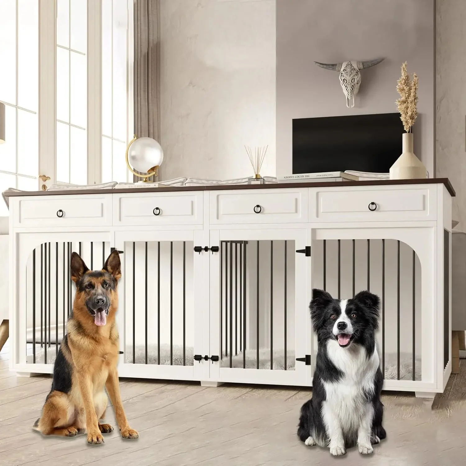 86.6" Elle Double Dog Crate Furniture For 2 Dogs