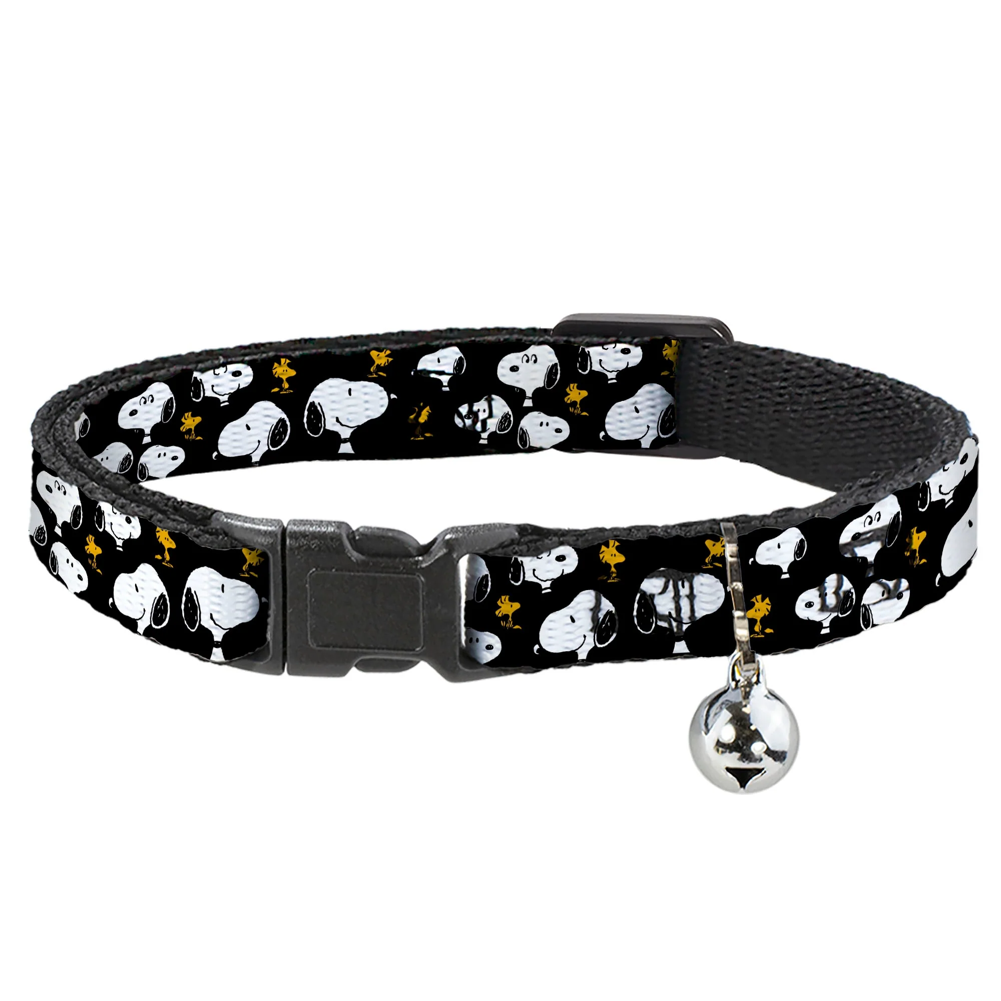 Breakaway Cat Collar with Bell - Peanuts Snoopy and Woodstock Poses Scattered Black