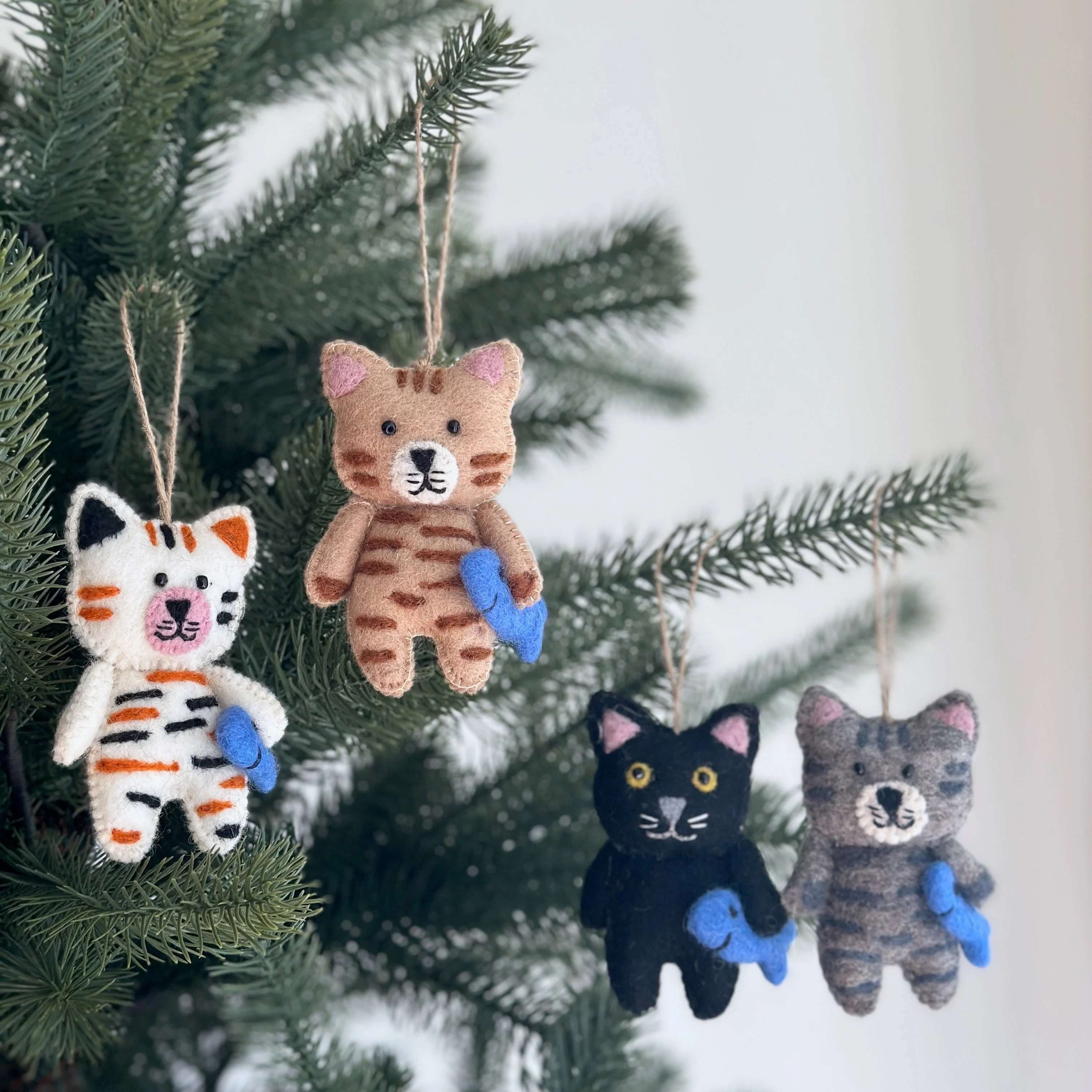 Felt Cat Ornament - Stitched Cat Holding Fish
