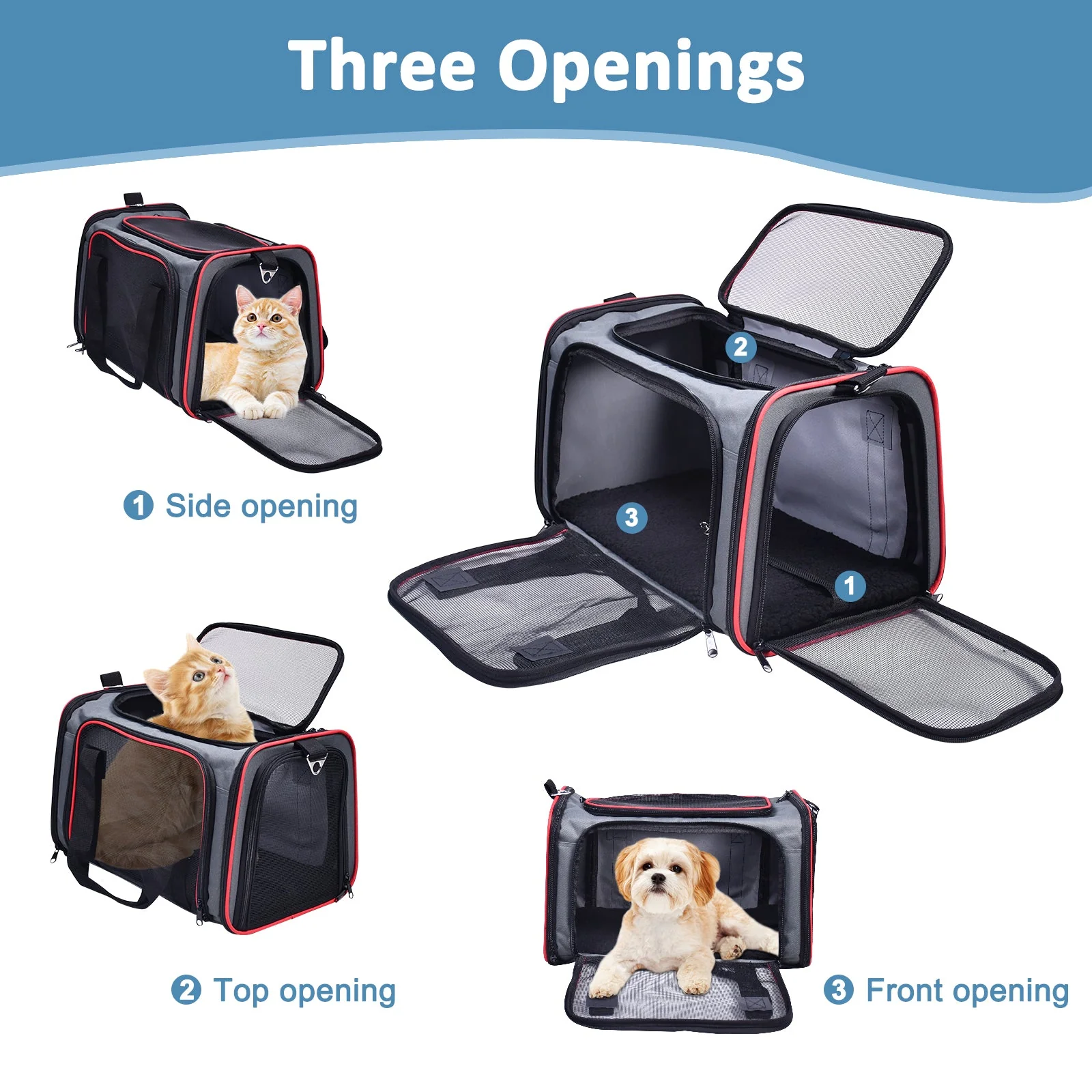 GOOPAWS Soft-Sided Travel Small Dog & Cat Carrier Bag, Gray/Red, 17'' - Image 3