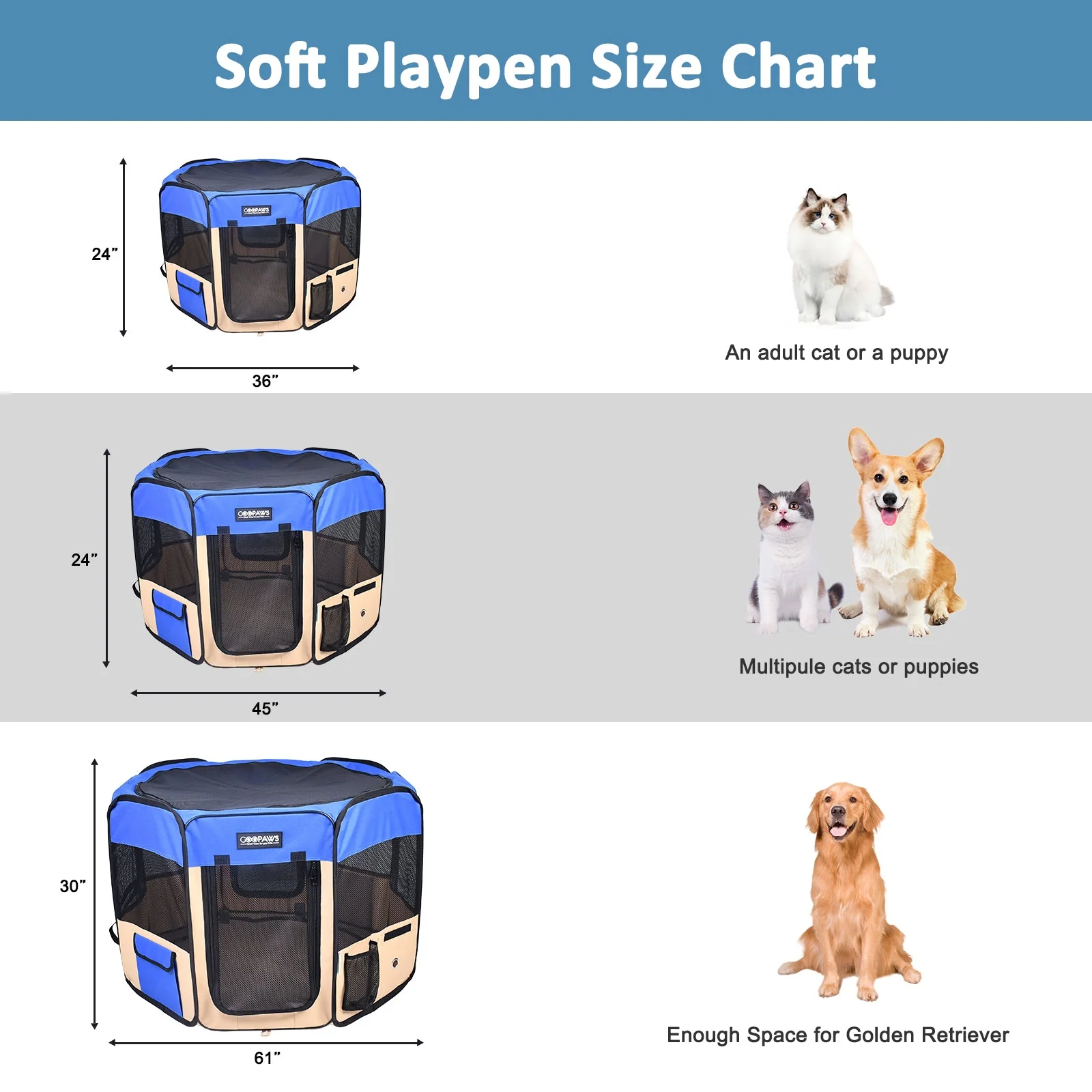 Jespet Soft-Sided Medium Dog Playpen, Blue 45'' - Image 5