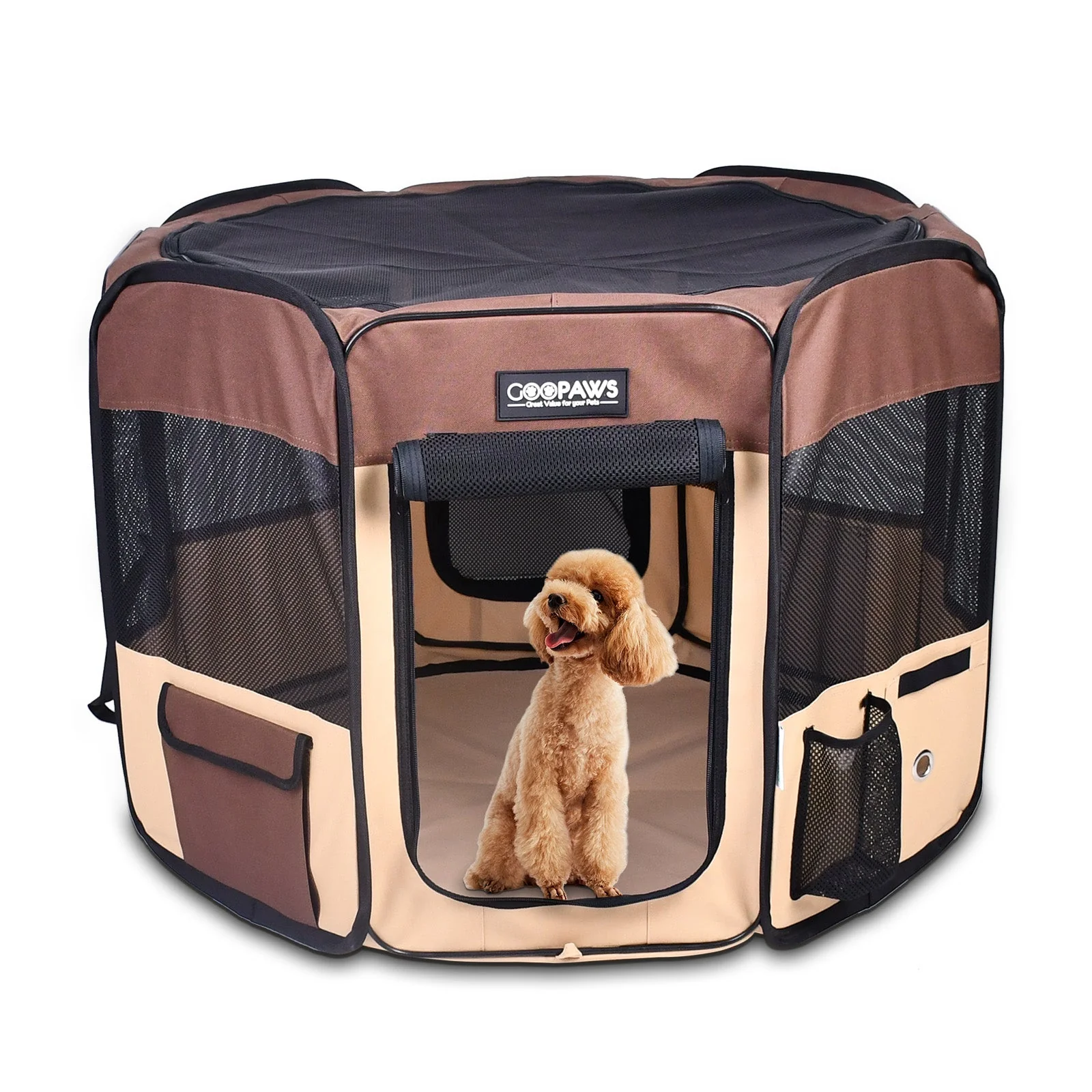 Jespet 2-Door Portable Soft-Sided Dog, Small Pet Exercise Playpen, Brown, 36''