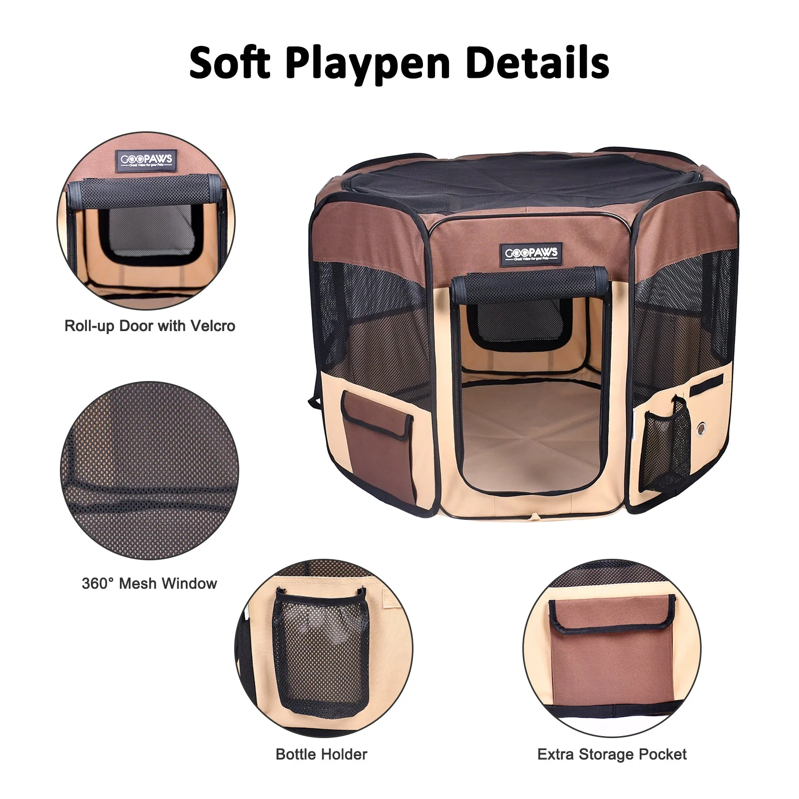 Jespet Soft-Sided Medium Dog Playpen, Brown 45'' - Image 2