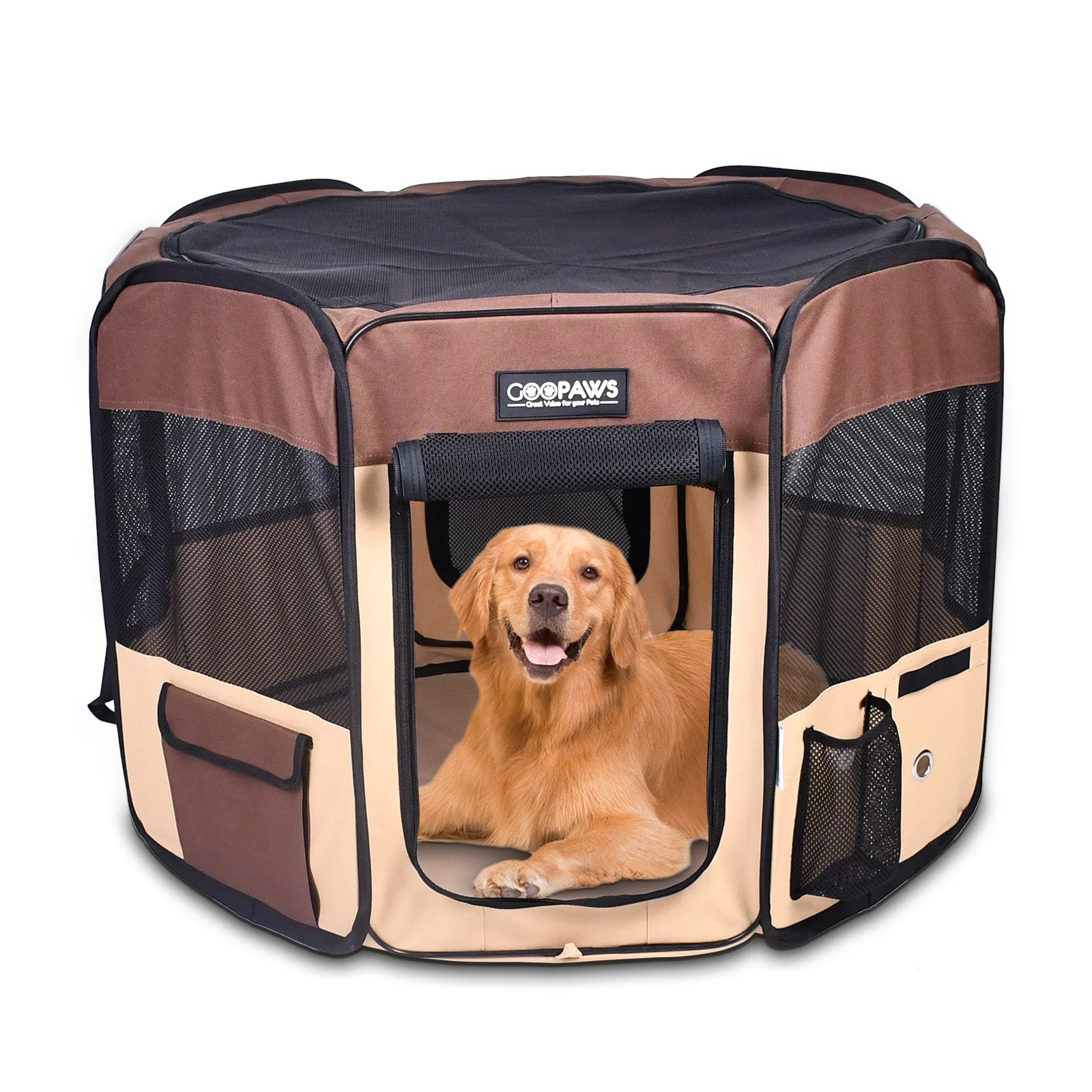 Jespet Soft-Sided Large Dog Playpen, Brown 61-in