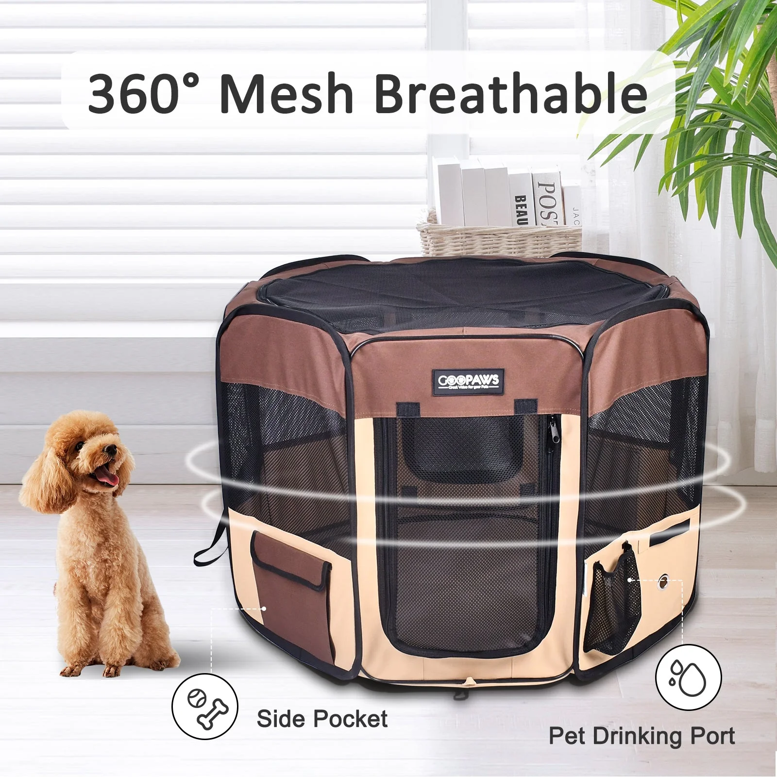 Jespet Soft-Sided Large Dog Playpen, Brown 61-in - Image 4