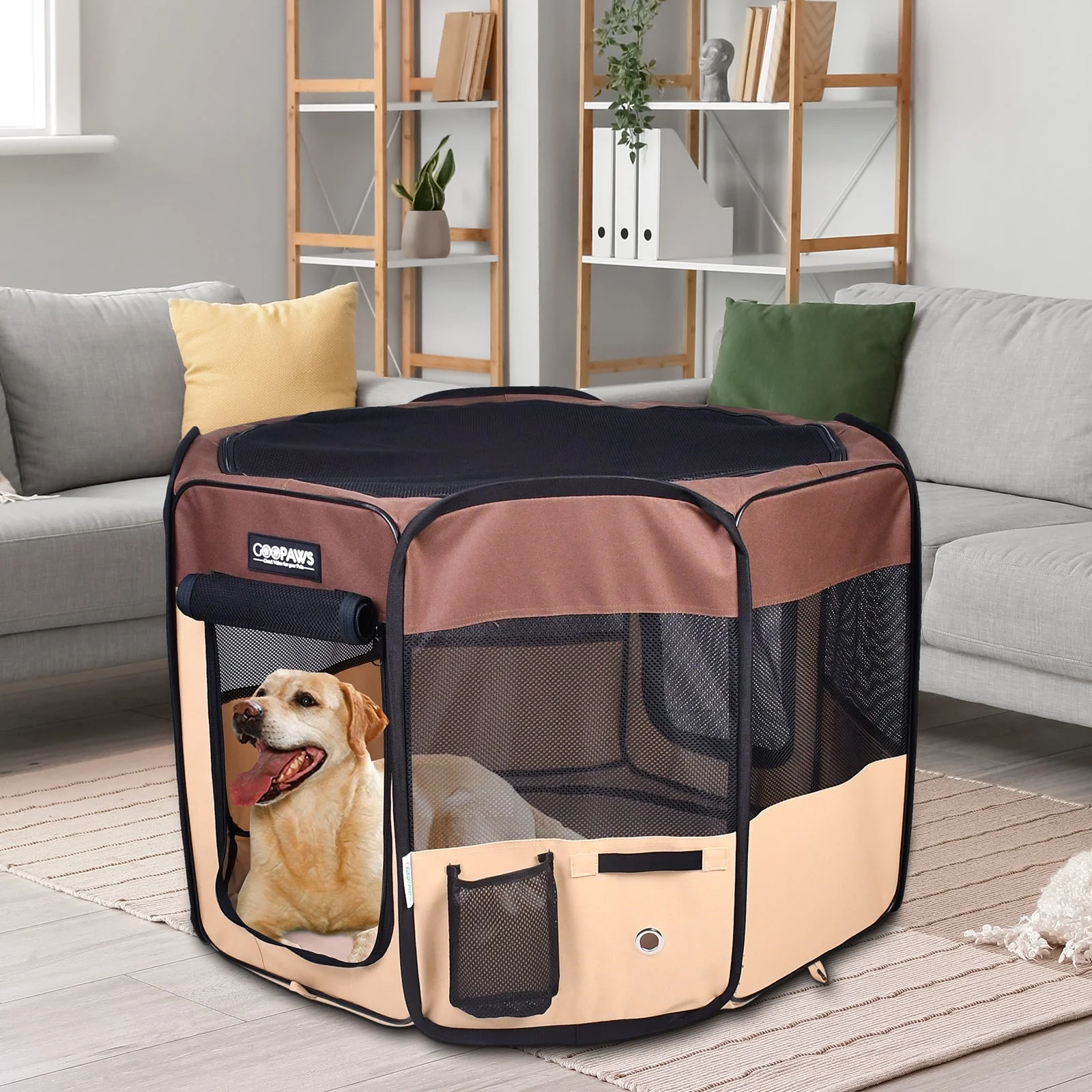 Jespet Soft-Sided Large Dog Playpen, Brown 61-in - Image 6