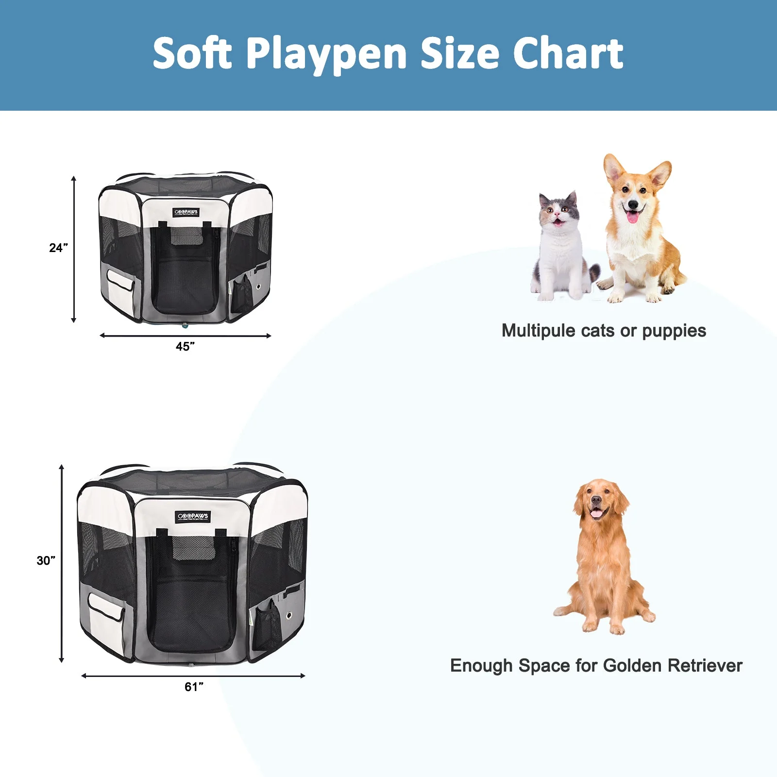 Jespet 2-Door Portable Soft-Sided Dog, Cat & Small Pet Exercise Playpen, Light Grey, 45'' - Image 2