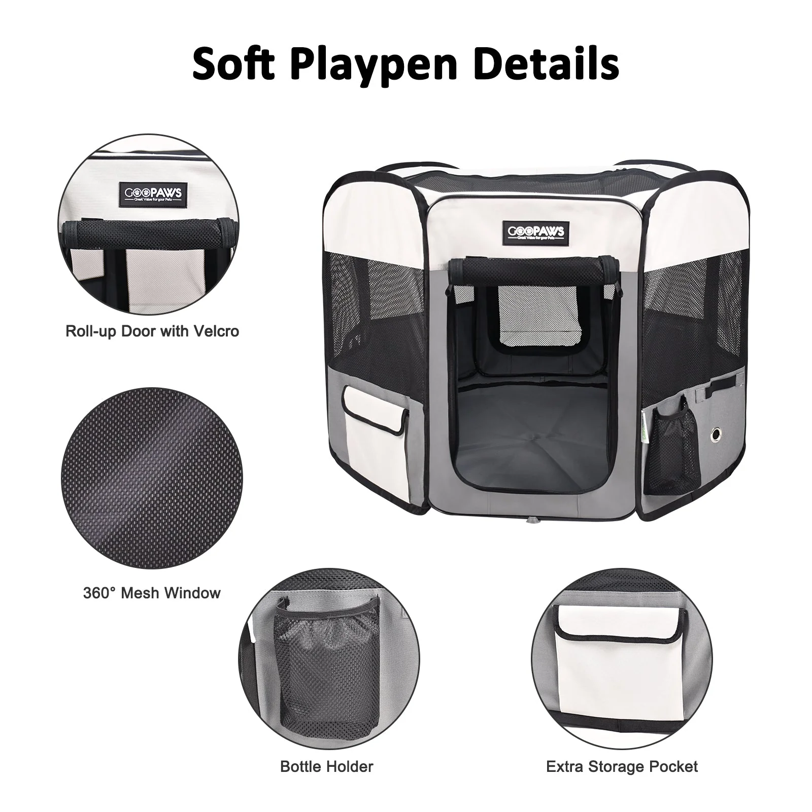 Jespet 2-Door Portable Soft-Sided Dog, Cat & Small Pet Exercise Playpen, Light Grey, 45'' - Image 3