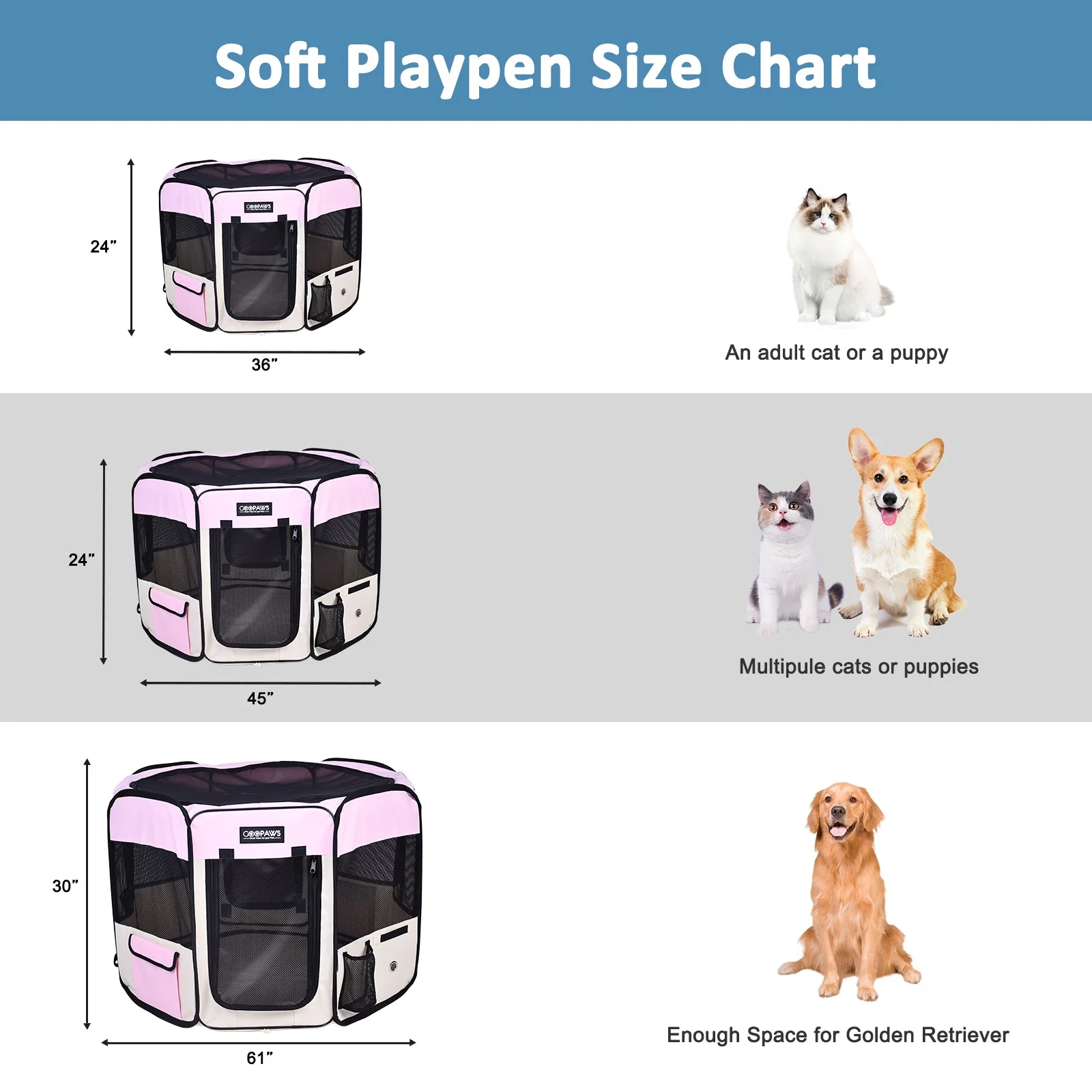 Jespet 2-Door Portable Soft-Sided Dog, Cat & Small Pet Exercise Playpen, Pink, 36'' - Image 5