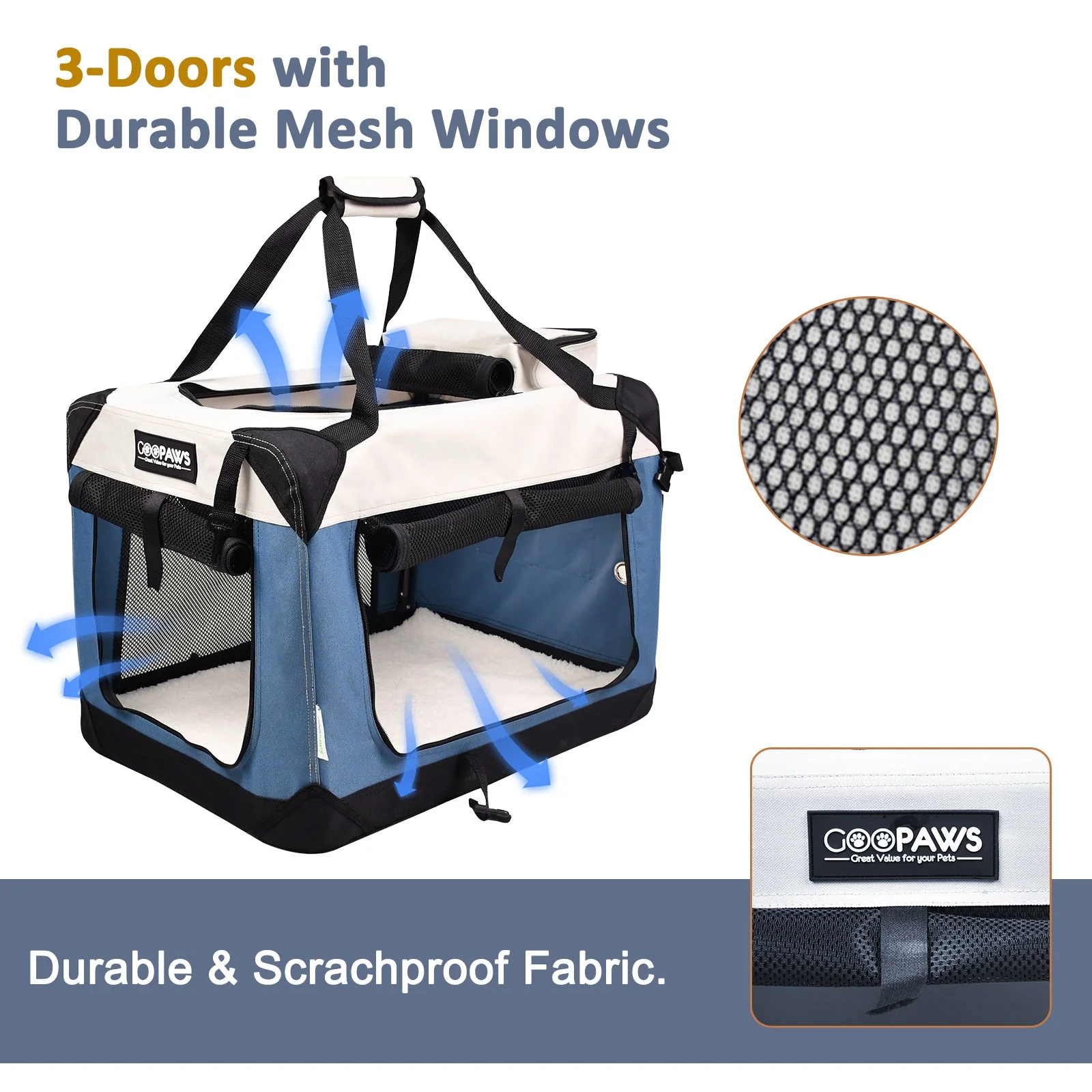 Jespet & GOOPAWS Indoor & Outdoor 3-Door Collapsible Soft-Sided Dog, Cat & Small Pet Crate, Lake Blue, 24'' - Image 2