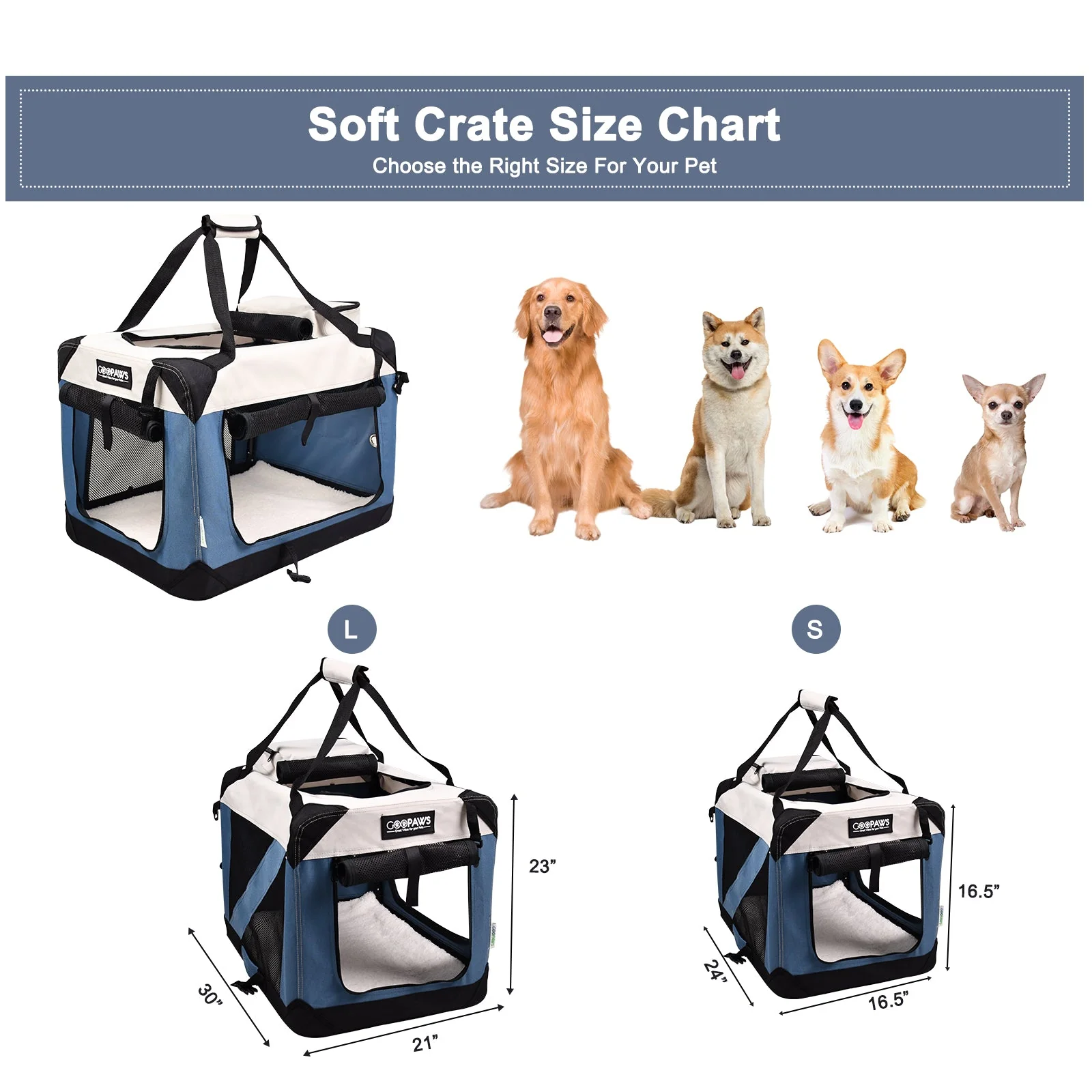 Jespet & GOOPAWS Indoor & Outdoor 3-Door Collapsible Soft-Sided Dog, Cat & Small Pet Crate, Lake Blue, 24'' - Image 3