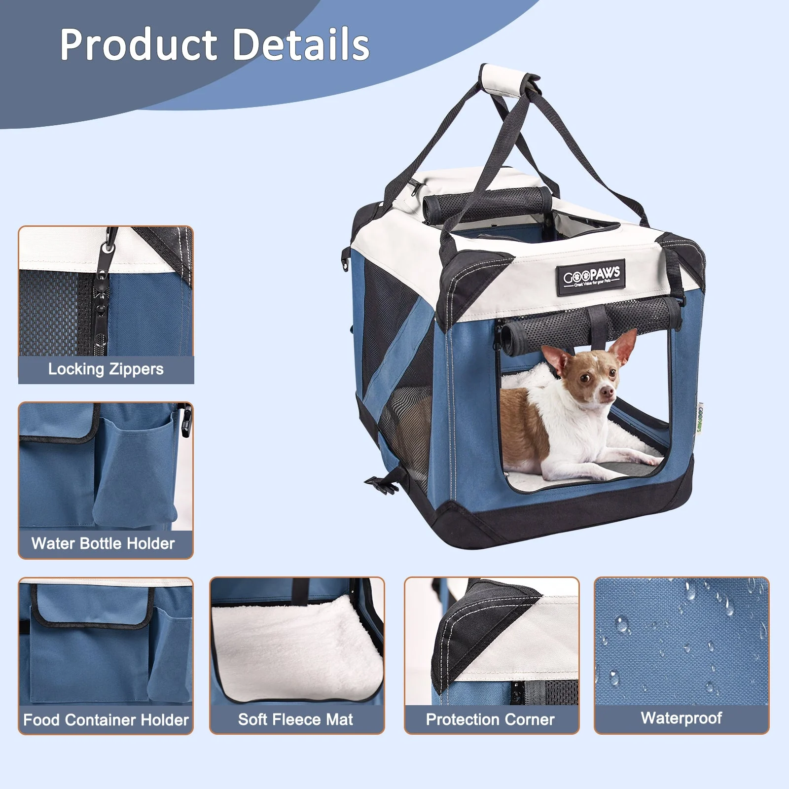 Jespet & GOOPAWS Indoor & Outdoor 3-Door Collapsible Soft-Sided Dog, Cat & Small Pet Crate, Lake Blue, 24'' - Image 4