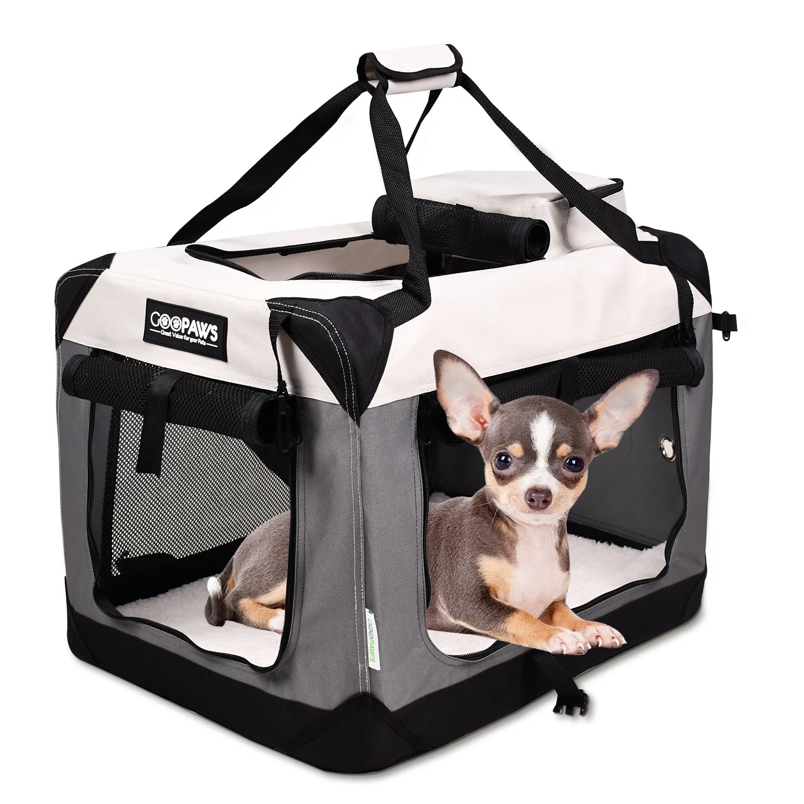 Jespet & GOOPAWS Indoor & Outdoor 3-Door Collapsible Soft-Sided Dog, Cat & Small Pet Crate, Light Grey, 24'' - Image 2