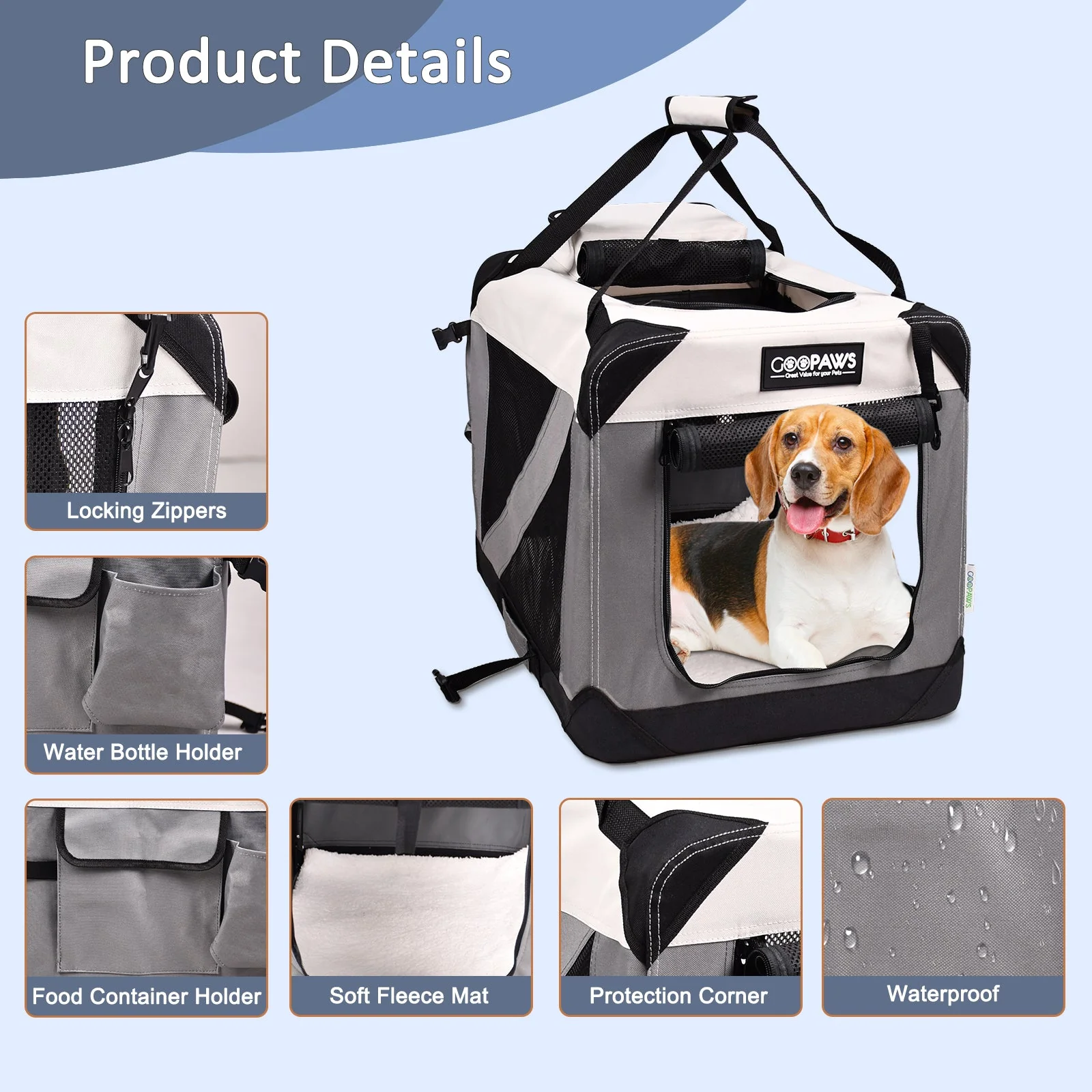 Jespet & GOOPAWS Indoor & Outdoor 3-Door Collapsible Soft-Sided Dog, Cat & Small Pet Crate, Light Grey, 24'' - Image 5