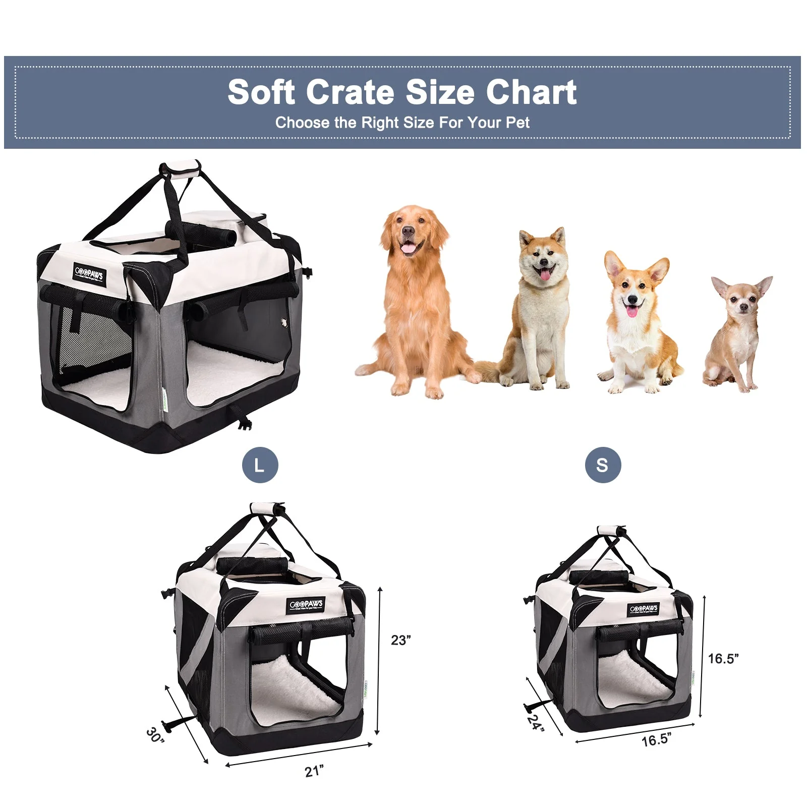 Jespet & GOOPAWS 3-Door Collapsible Soft-Sided Dog Crate, Light Grey, Medium 30'' - Image 3