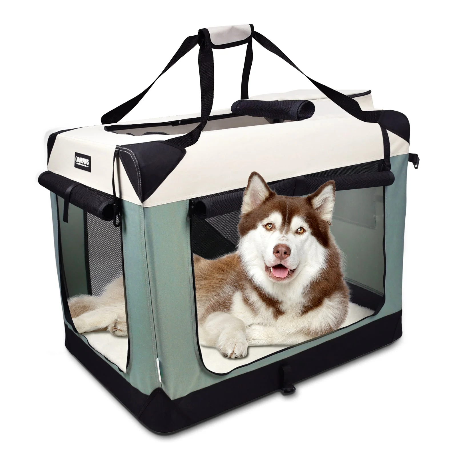 JESPET Soft Dog Crates Kennel 3 Door Soft Sided Folding Travel Carrier & Fleece Mat for Small Dogs Shale Green, 24'' - Image 7