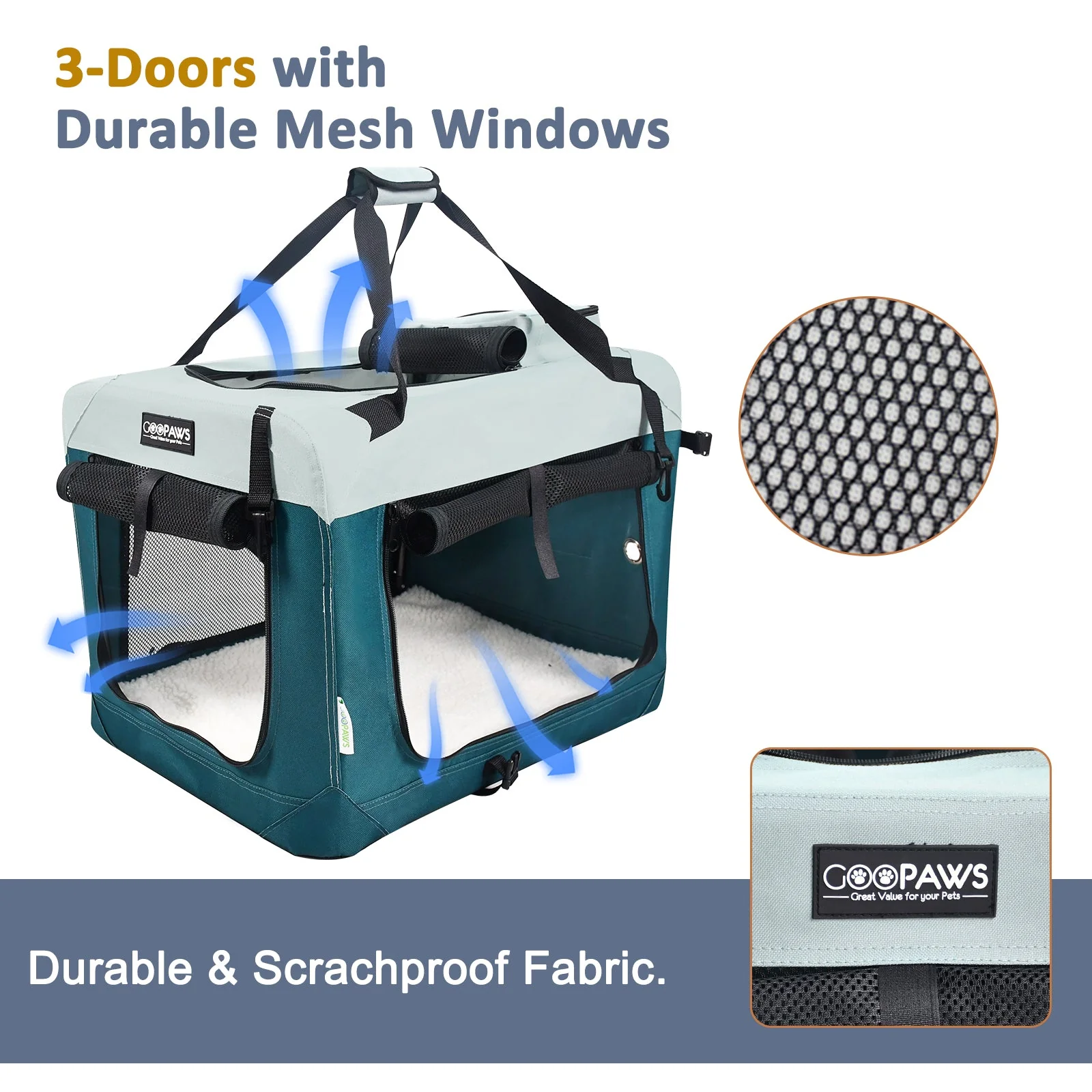 Jespet & GOOPAWS Indoor & Outdoor 3-Door Collapsible Soft-Sided Dog, Cat & Small Pet Crate, Teal Blue, 24'' - Image 2