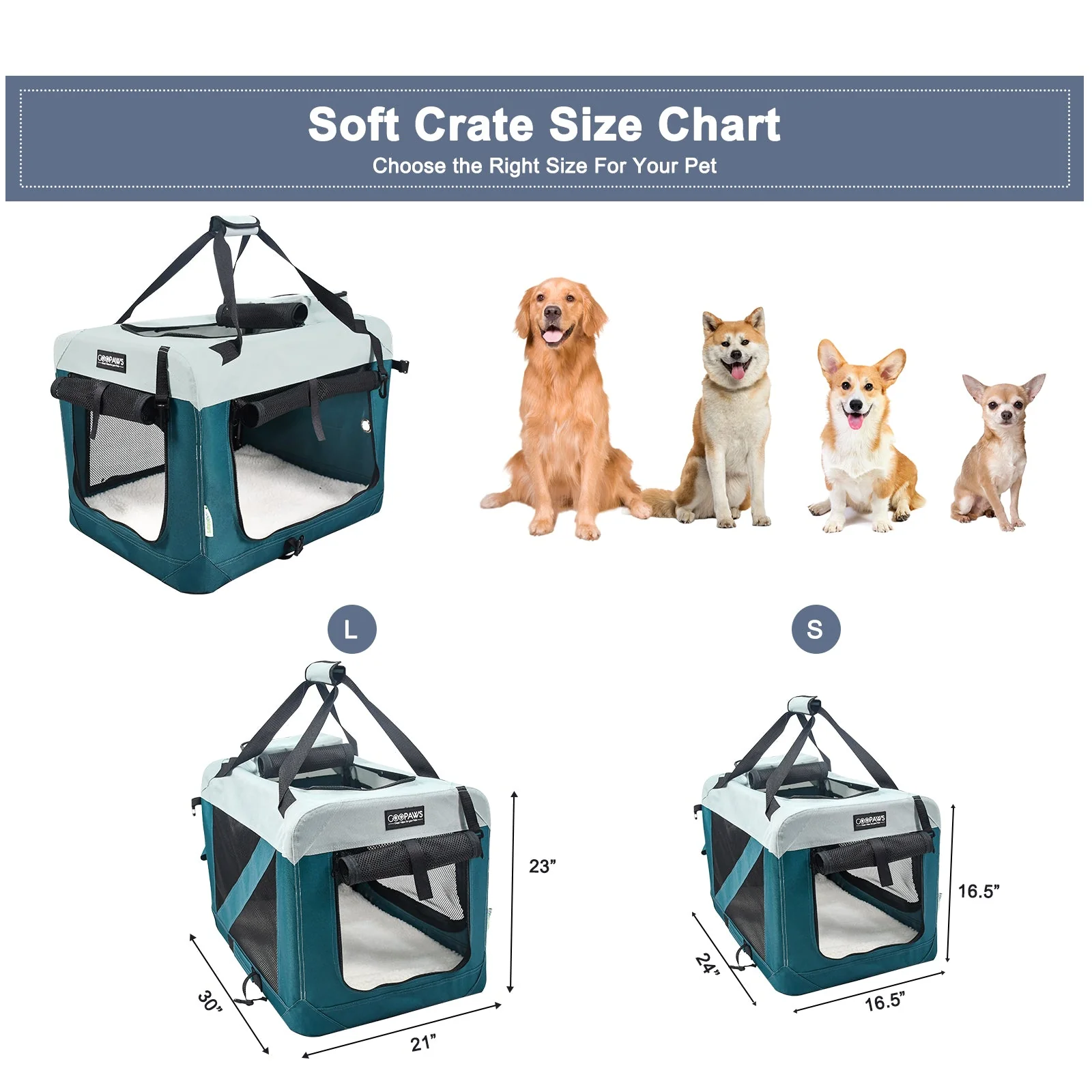Jespet & GOOPAWS Indoor & Outdoor 3-Door Collapsible Soft-Sided Dog, Cat & Small Pet Crate, Teal Blue, 24'' - Image 3