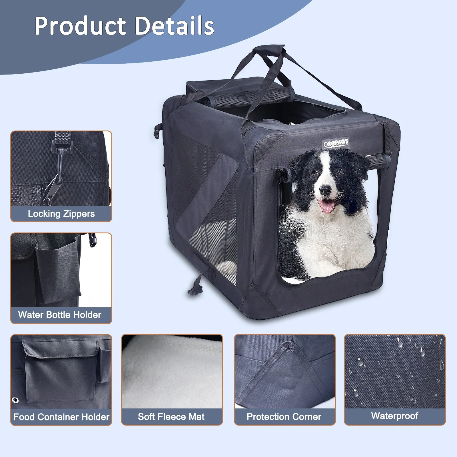Jespet Indoor & Outdoor 3-Door Collapsible Soft-Sided Dog, Cat & Small Pet Crate, Black, 30'' - Image 3