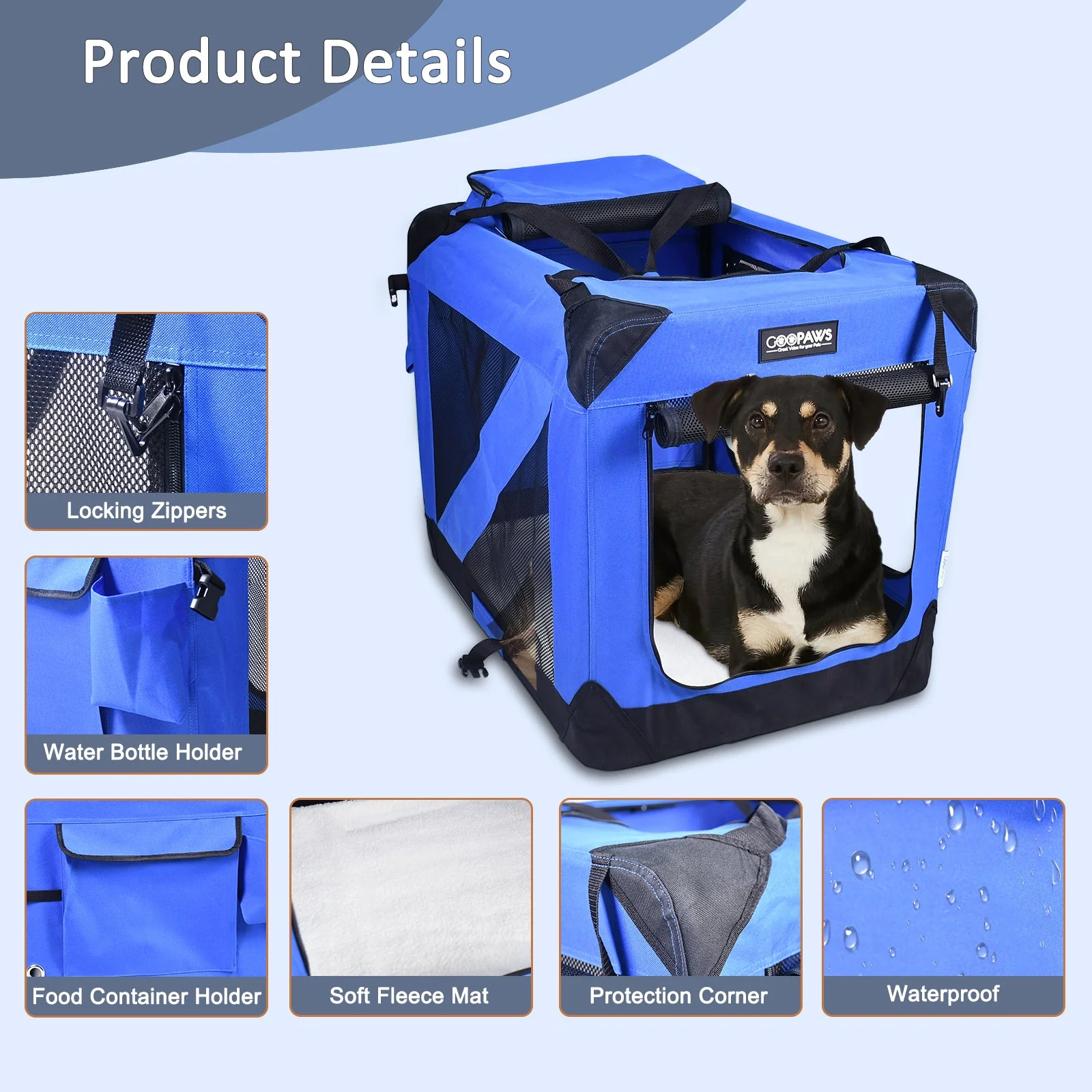 Jespet Indoor & Outdoor 3-Door Collapsible Soft-Sided Dog, Cat & Small Pet Crate, Blue, 30'' - Image 3