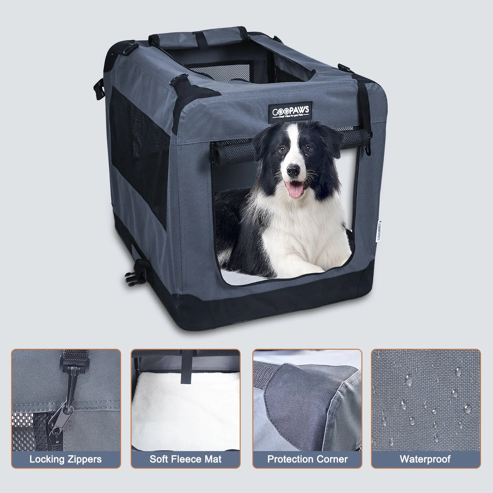 Jespet Indoor & Outdoor 3-Door Collapsible Soft-Sided Dog, Cat & Small Pet Crate, Gray, 27'' - Image 3
