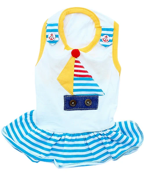Parisian Pet 'Boat Dress' for Dogs and Cats, Designer Dog Dress, Tropical Apparel, Yellow Blue Red White