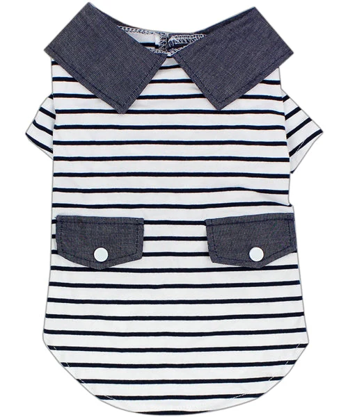 Parisian Pet 'Preppy Boy Polo' Dog & Cat T-Shirt – Trendy Cotton Polo Shirt, Comfortable & Lightweight, Blue White Stripes-Valentine's Day