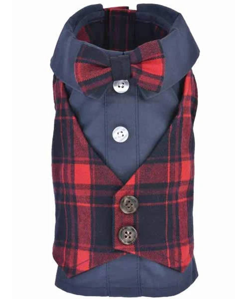 Parisian Pet 'Scottish Pleated Tuxedo Red/Blue Plaid' for Dogs & Cats, Stylish Pet Party Tuxedo, Christmas Pet Tuxedo