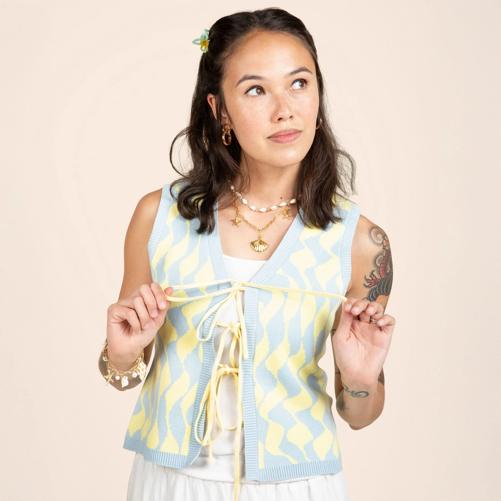 Seaside Swirl Human Cotton Knitted Tunic Vest with Tie Front